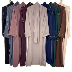 SALE - Ramadhan Noor Contrast gold stitch madina soft touch fabric abaya dress with an attached scarf modest fashion
