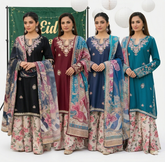 4 Colours SADAF Eid 26 new trending Sharara trousers embroidered kameez eid release on linen Pakistani Indian fashion