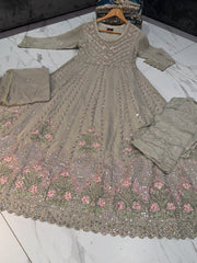 4 Colours RUMINA Long Dress 3 piece Pakistani chiffon suit embroidered dupatta stonework S-XL