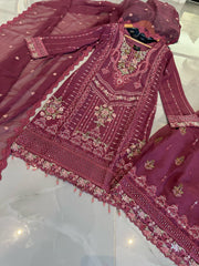 4 Colours Eid Khushiyan Plazzo Kameez chiffon embroidered Pakistani stonework embellished design S-XI suits Womenswear Elegant