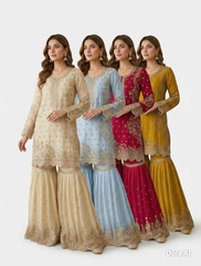 4 Colours EID 26 RAWA Gharara Kameez chiffon embroidered Pakistani design S-XI suits