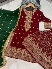 KAMILAH Contrasting Sharara kameez suit 3 piece Pakistani Chiffon embroidered Dupatta S-XL