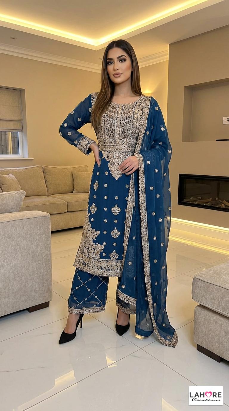 4 Colours EID 26 LEIYLA Plazzo Kameez waist belt chiffon embroidered Pakistani design S-XI