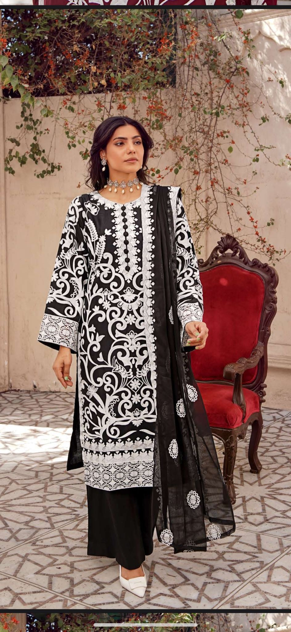 NAIRA - 4 Colours white embroidered salwar kameez suit 3 piece Pakistani embroidered chiffon Dupatta S-XL