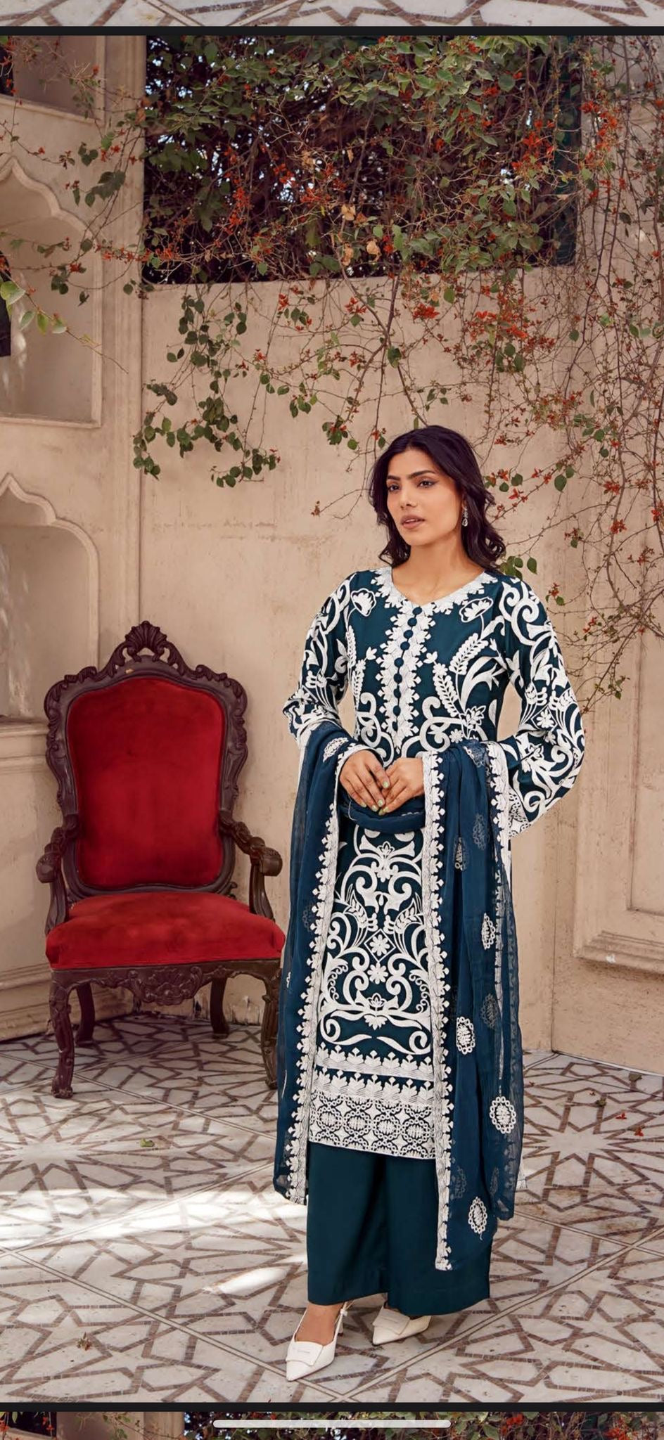 NAIRA - 4 Colours white embroidered salwar kameez suit 3 piece Pakistani embroidered chiffon Dupatta S-XL