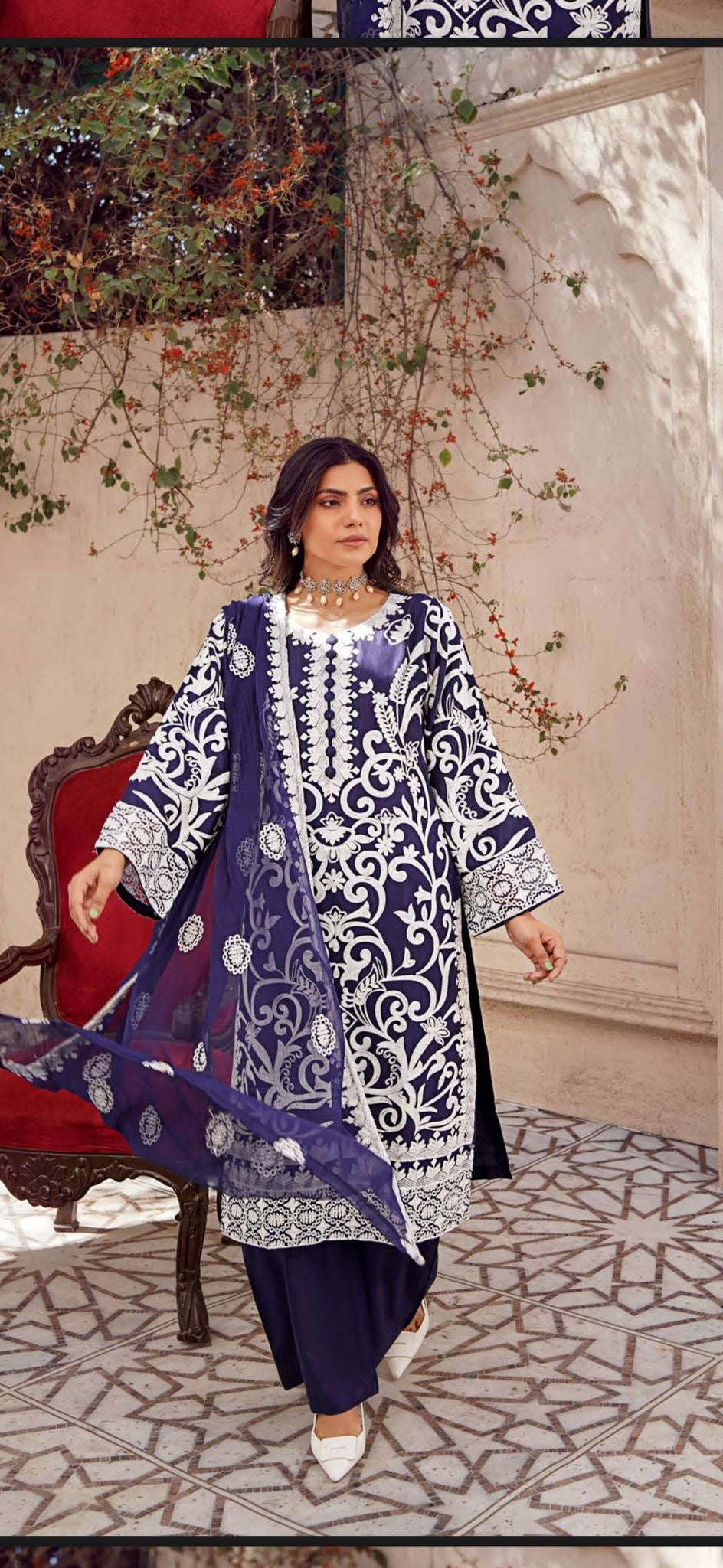 NAIRA - 4 Colours white embroidered salwar kameez suit 3 piece Pakistani embroidered chiffon Dupatta S-XL