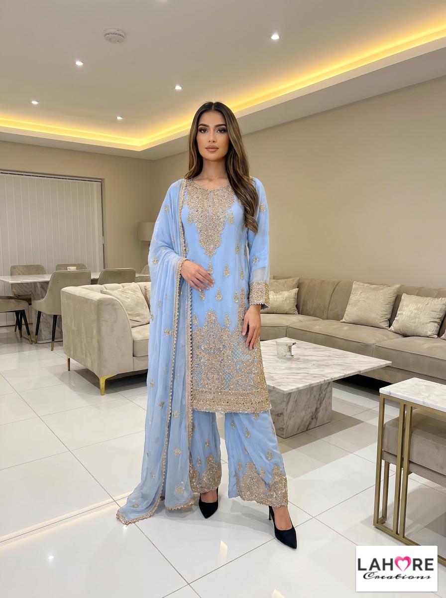 5 Colours ROYA Plazzo Kameez chiffon embroidered Pakistani design S-XI suits