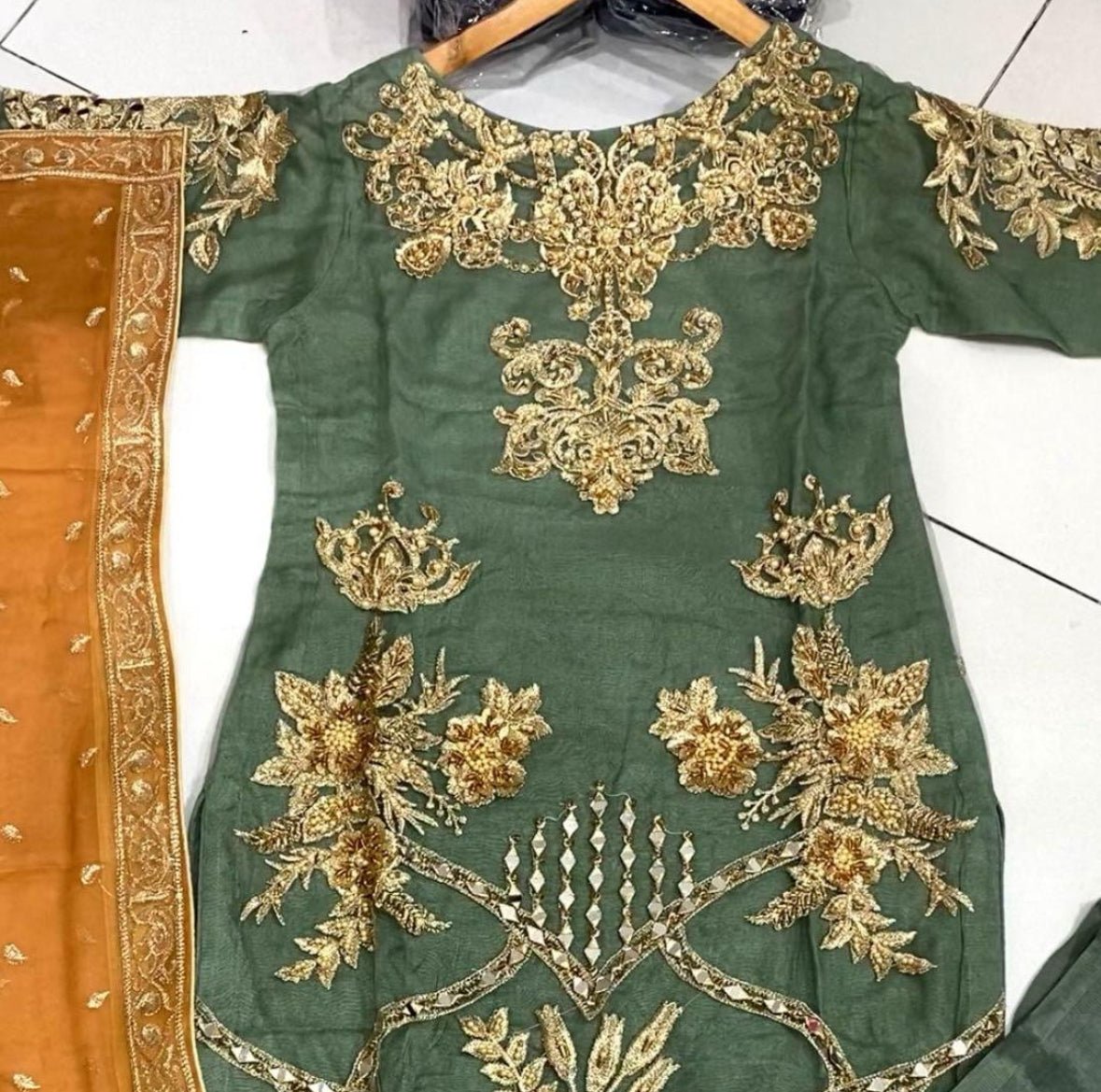 AAROHI Mehndi Green-Orange contrasting fancy salwar kameez embroidered Pakistani design S-xI