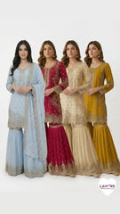 4 Colours EID 26 RAWA Gharara Kameez chiffon embroidered Pakistani design S-XI suits