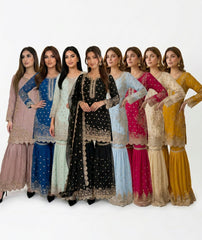 8 Colours EID 26 RAWA Gharara Kameez chiffon embroidered Pakistani design S-XI suits