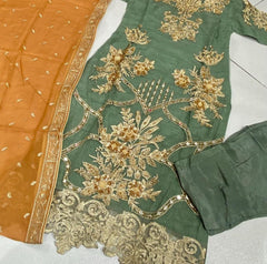 AAROHI Mehndi Green-Orange contrasting fancy salwar kameez embroidered Pakistani design S-xI