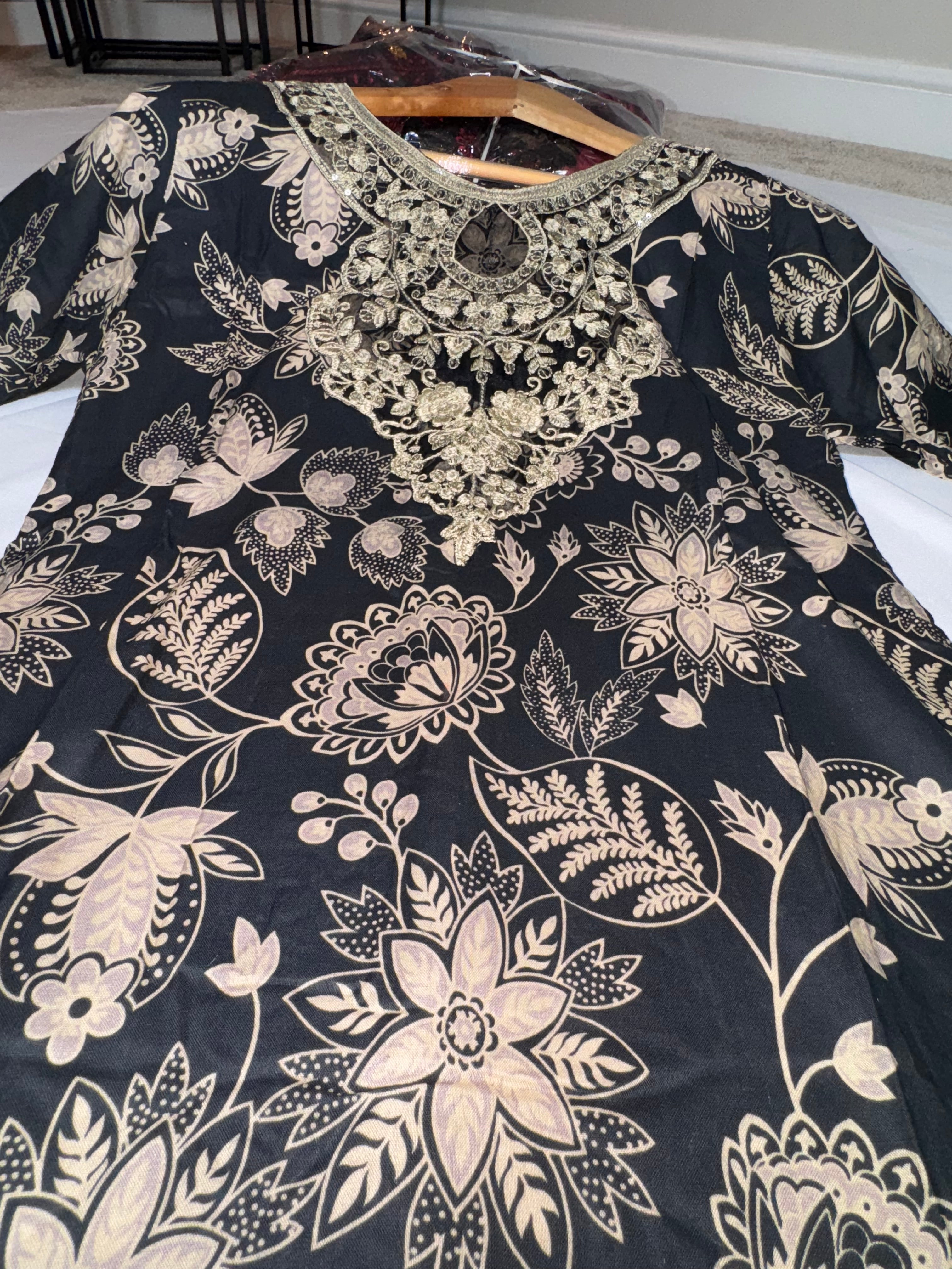 AILA (Black & Gold) Linen Embroidered Printed Casual Dress | New Collection | Rangz design S-XXL