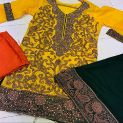 MEHNDI MAYOO 3 Plazzo Kameez chiffon embroidered stone work Pakistani design S-L suits