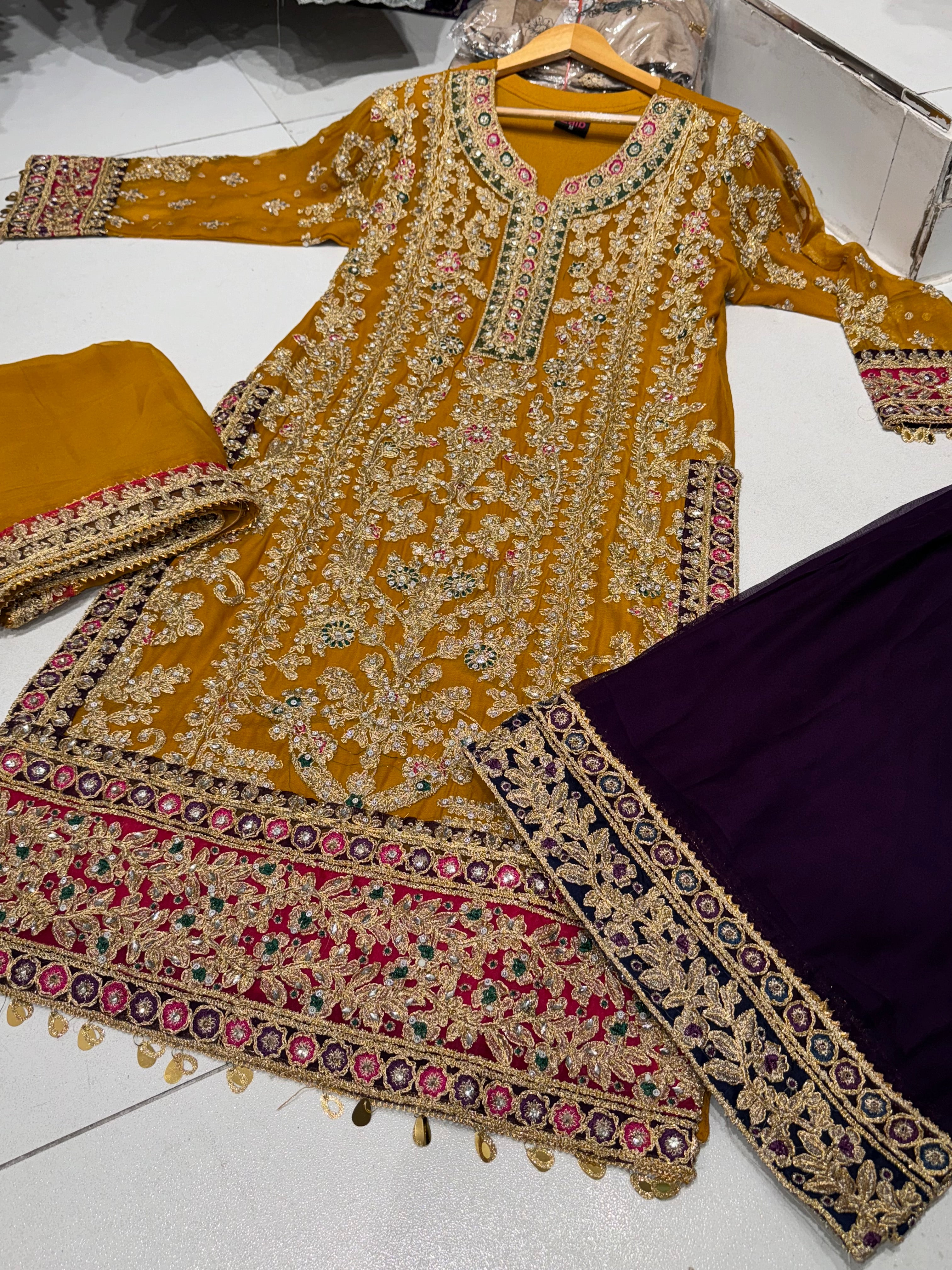 MEHNDI Style Pakistani designer Plazzo suit coming In 5 lovely colours