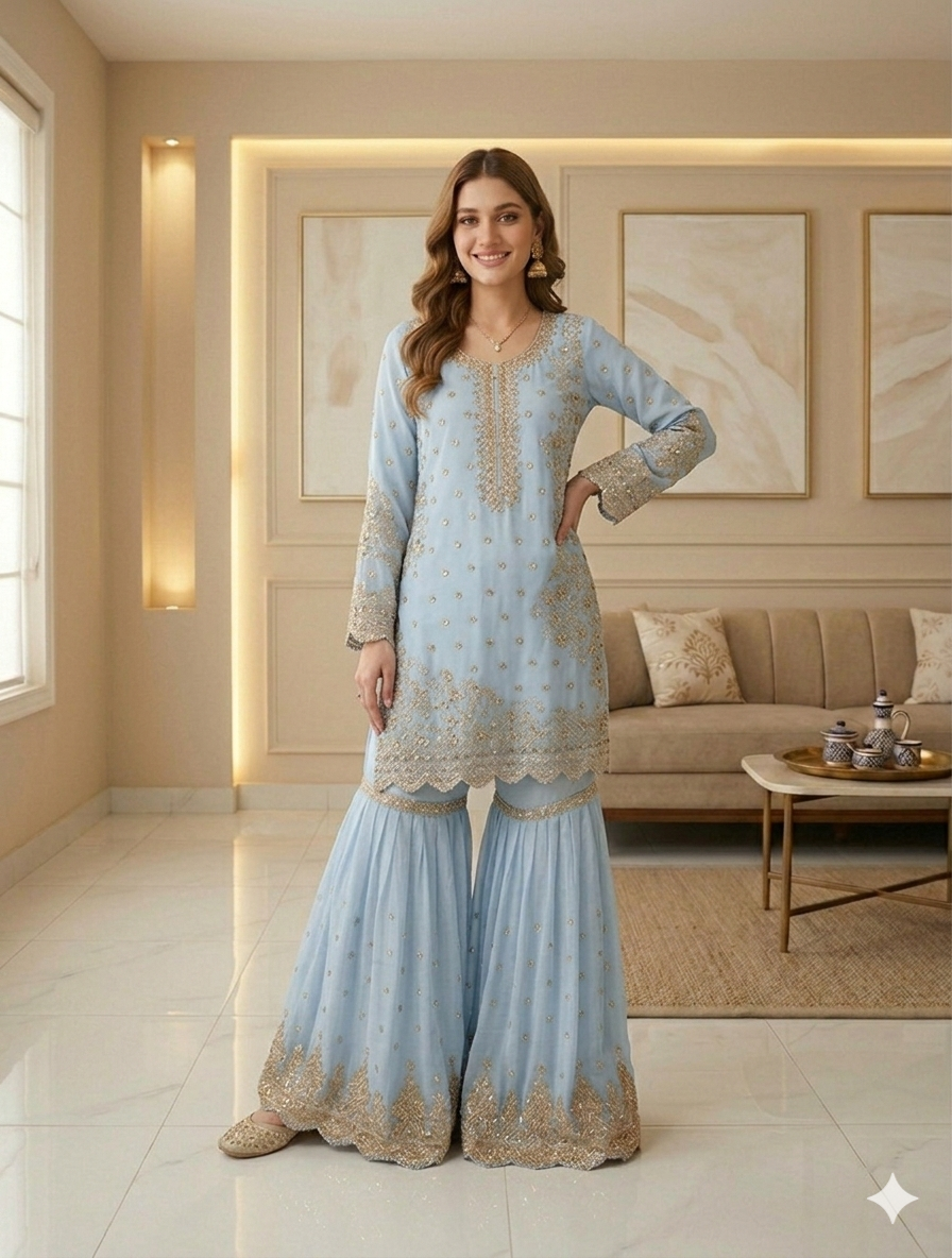 4 Colours EID 26 RAWA Gharara Kameez chiffon embroidered Pakistani design S-XI suits