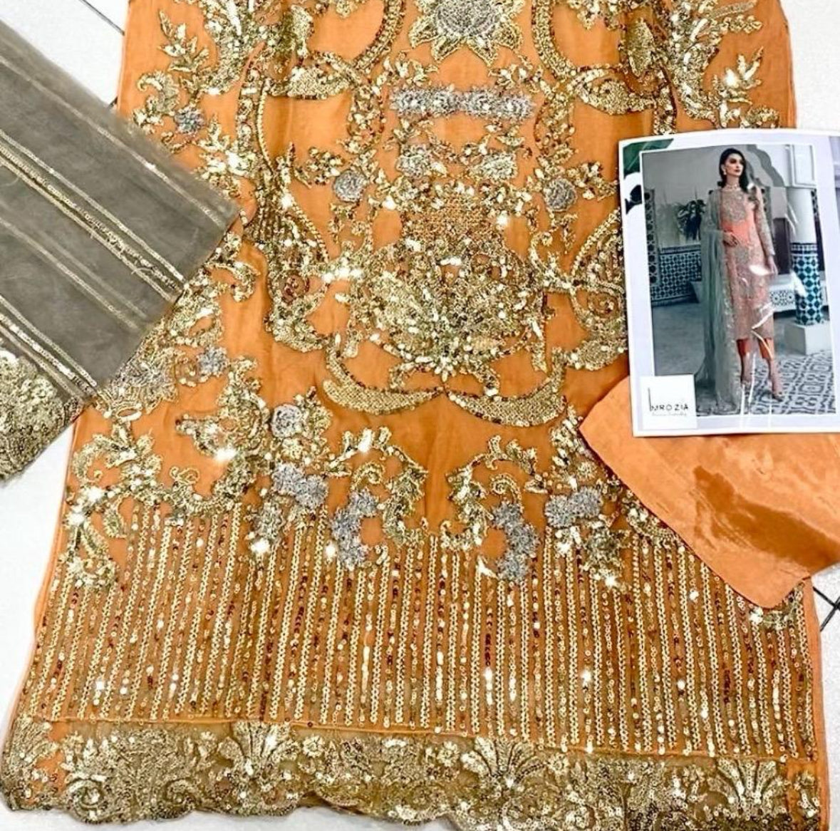 MEHWISH Orange pakistani salwar kameez design embroidered Pakistani suit S-XL