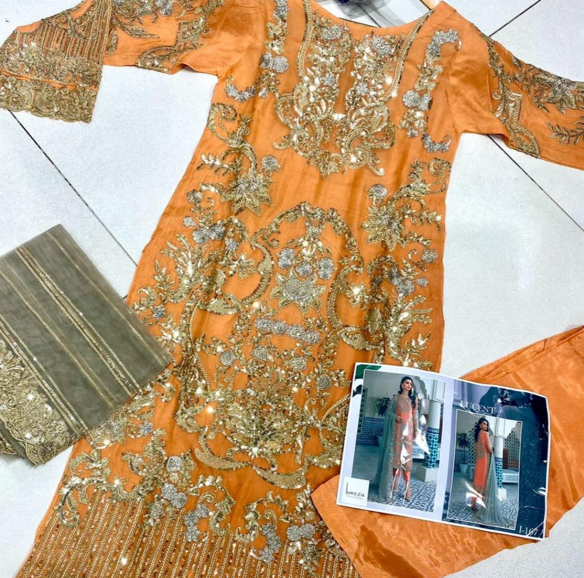 MEHWISH Orange pakistani salwar kameez design embroidered Pakistani suit S-XL