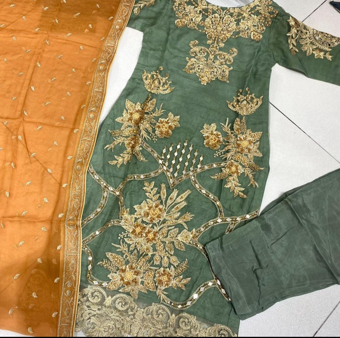 AAROHI Mehndi Green-Orange contrasting fancy salwar kameez embroidered Pakistani design S-xI