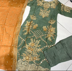 AAROHI Mehndi Green-Orange contrasting fancy salwar kameez embroidered Pakistani design S-xI