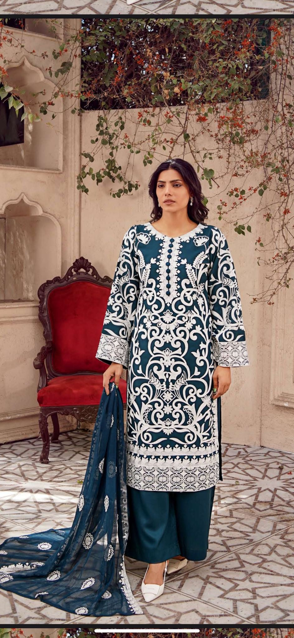 NAIRA - 4 Colours white embroidered salwar kameez suit 3 piece Pakistani embroidered chiffon Dupatta S-XL