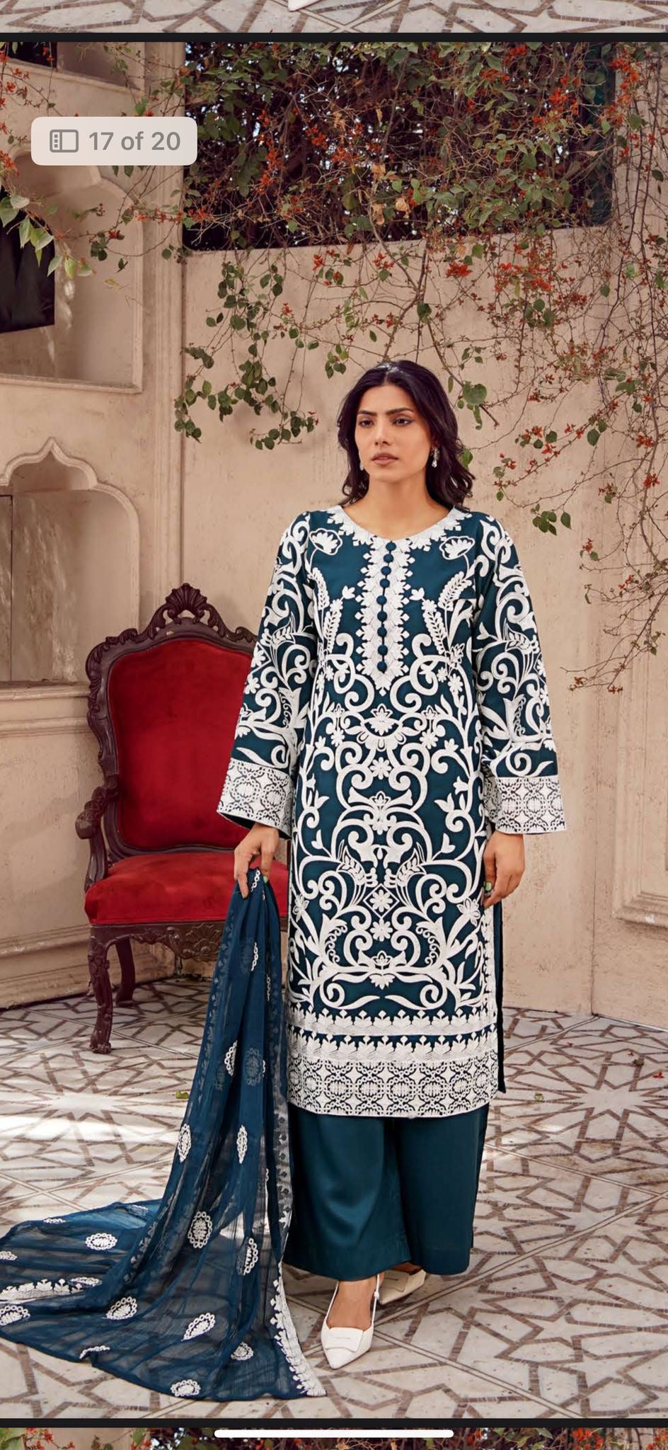 NAIRA - 4 Colours white embroidered salwar kameez suit 3 piece Pakistani embroidered chiffon Dupatta S-XL