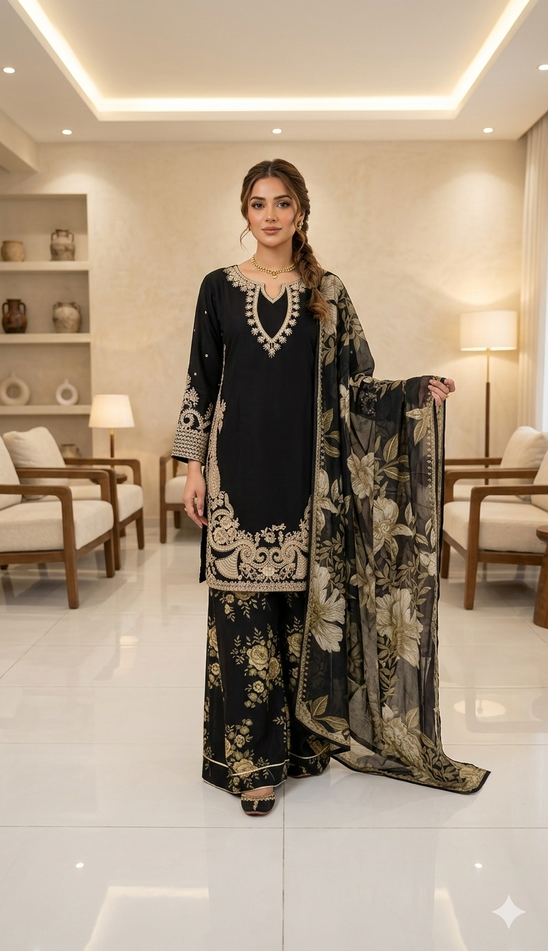 2 Colours LAYLA EID 26’ Floral Silk Plazzo Kameez embroidered Pakistani design S-XI suits