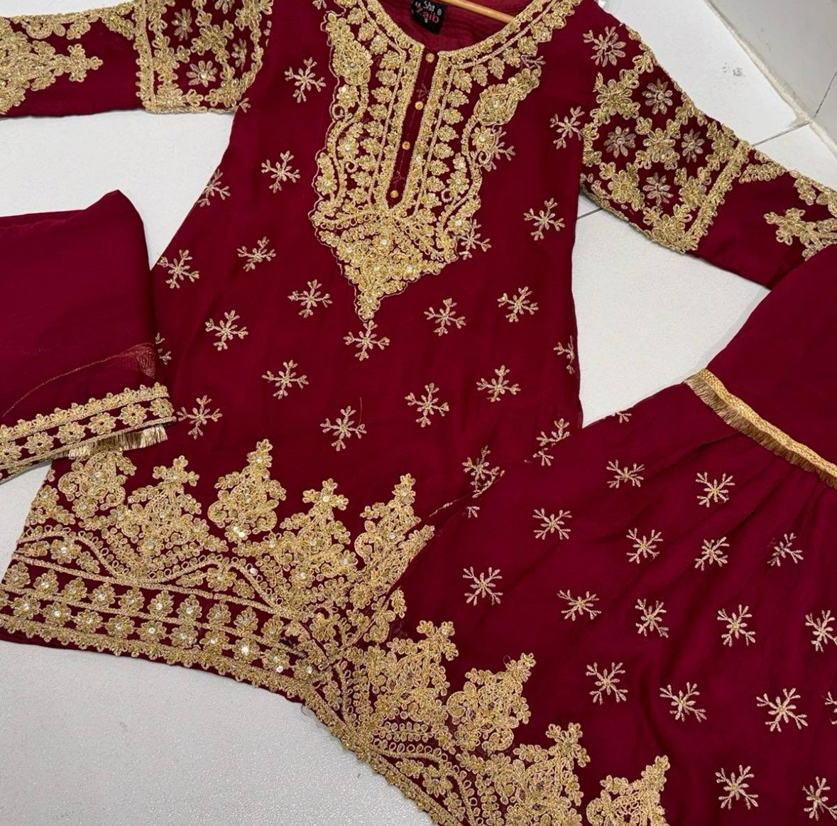 3 Piece Pakistani designer Chiffon Sharara design in 4 lush colours