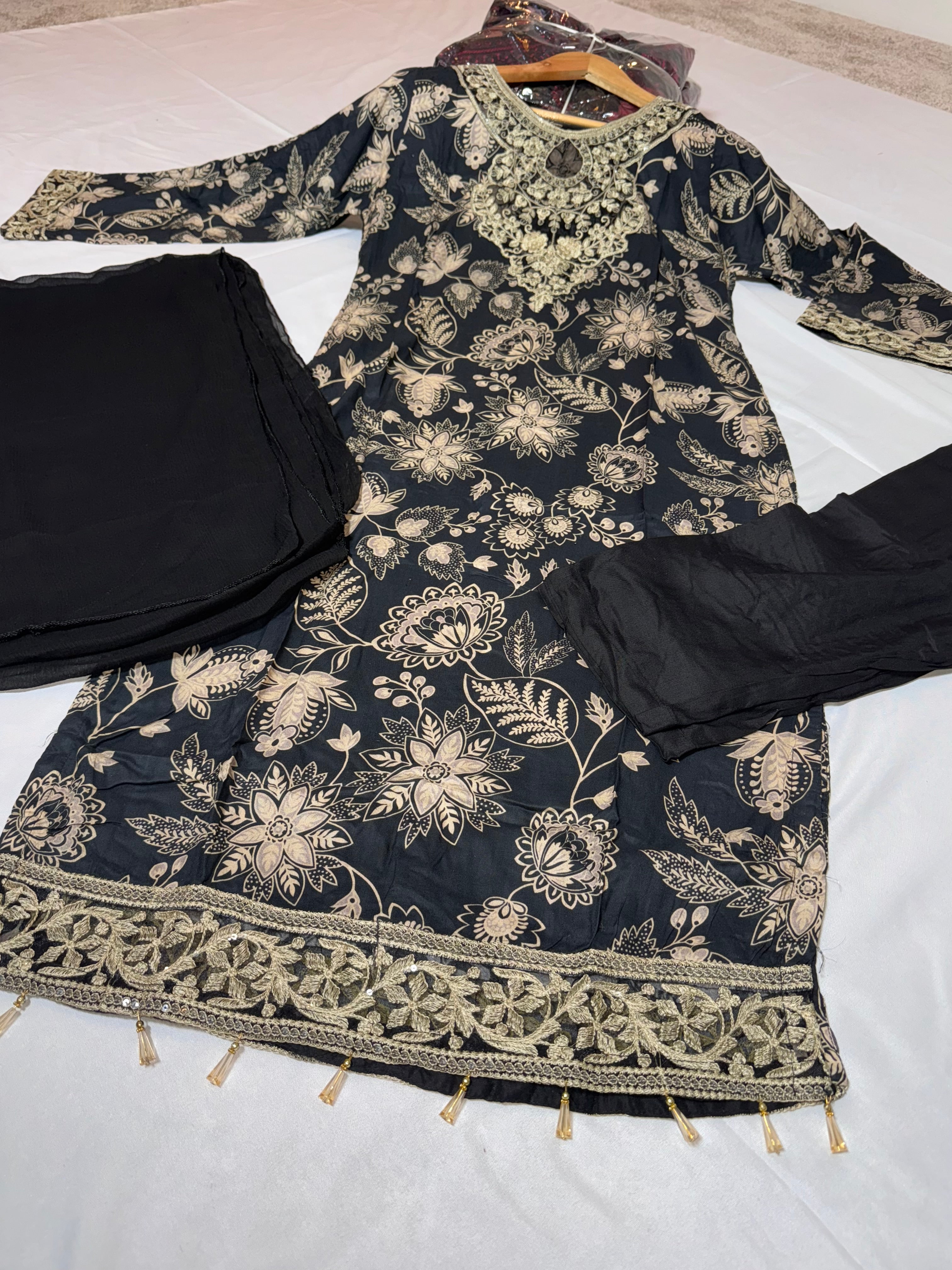 AILA (Black & Gold) Linen Embroidered Printed Casual Dress | New Collection | Rangz design S-XXL