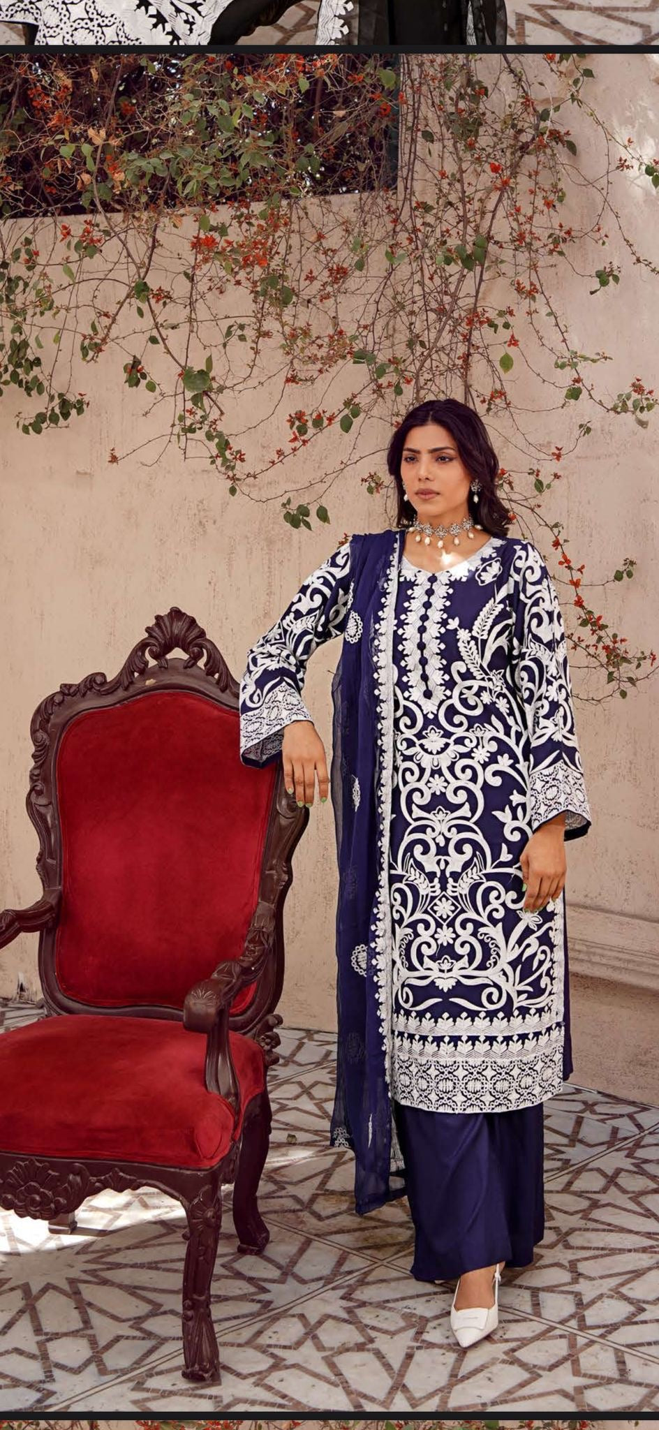 NAIRA - 4 Colours white embroidered salwar kameez suit 3 piece Pakistani embroidered chiffon Dupatta S-XL