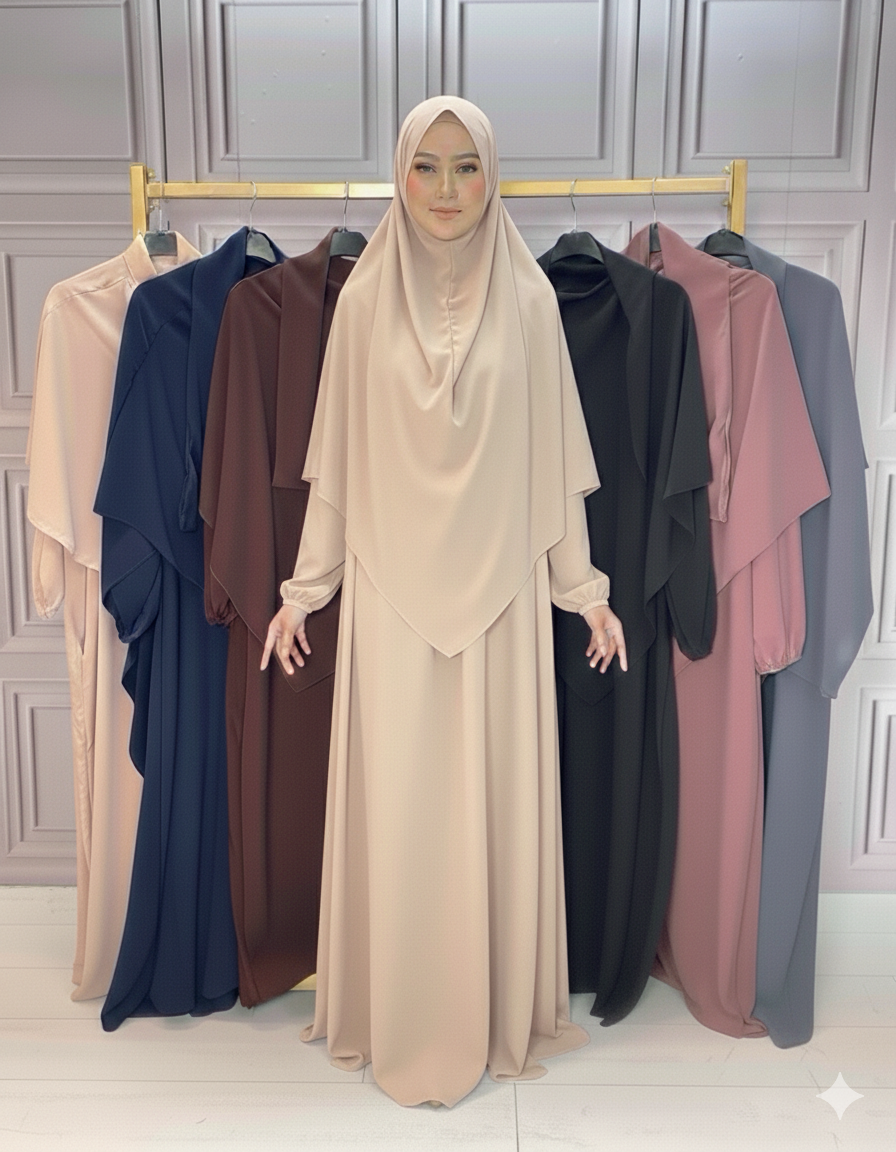 SALE - Ramadhan HAYAT 2 Pockets Women's Two Piece Relaxed Fit Long Khimar and Abaya with Elastic Cuff Long Sleeves Set One Size UK8-16/18 LENGTH 56