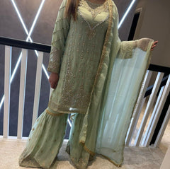 4 Colours HANIYA Shararah Kameez chiffon embroidered Pakistani design S-XI suits