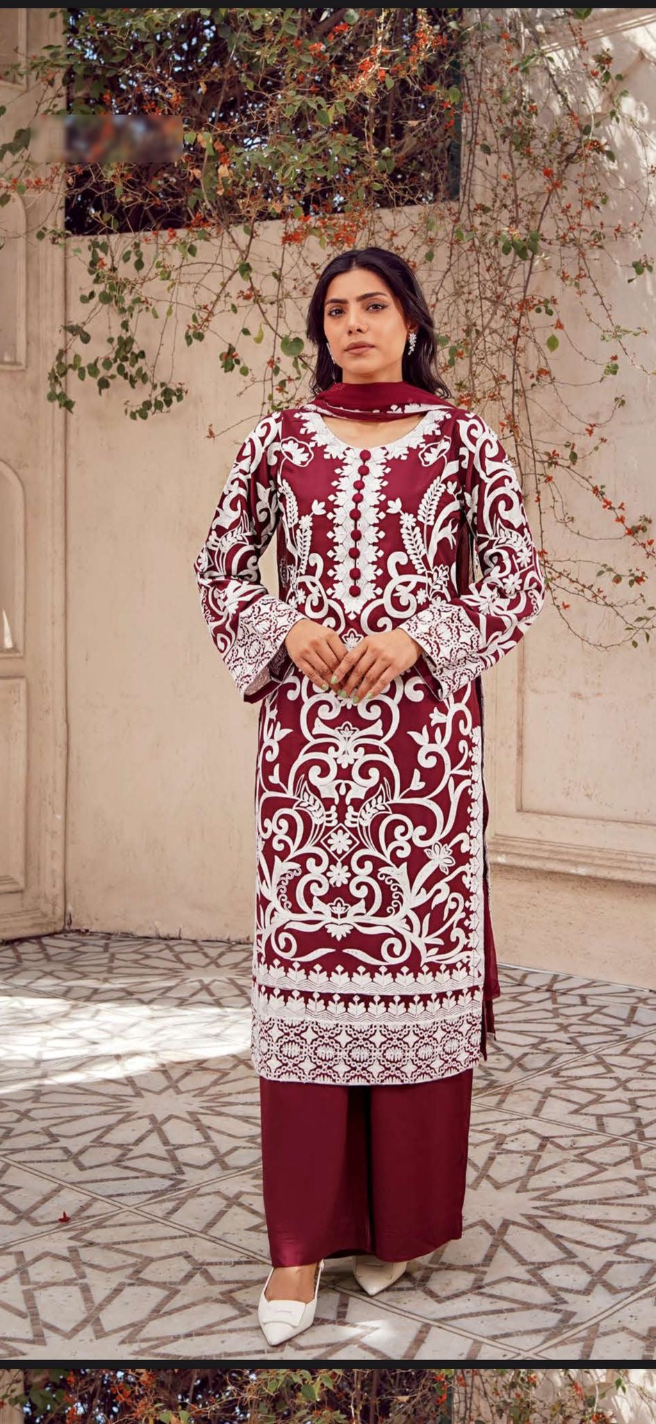 NAIRA - 4 Colours white embroidered salwar kameez suit 3 piece Pakistani embroidered chiffon Dupatta S-XL