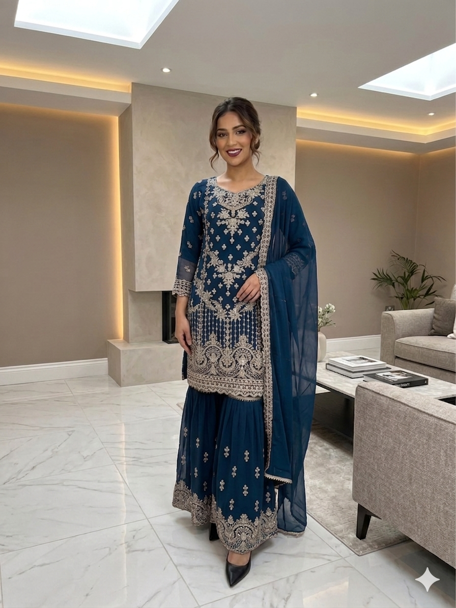 4 Colours ZARA EID 26 Gharara Kameez chiffon embroidered Pakistani design S-XI suits (Copy)
